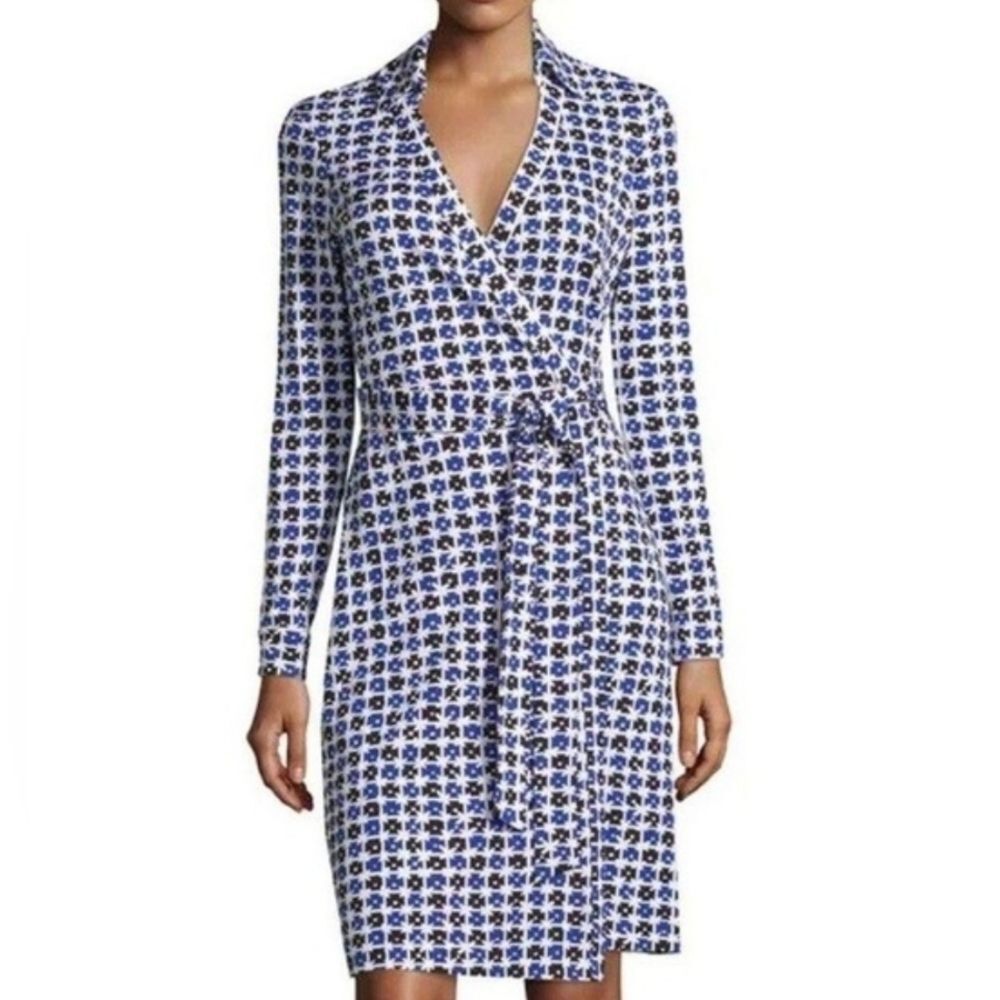 Diane Von Furstenberg Jeanne Two Check Dot Blue Wrap Dress Size 6 Cotton